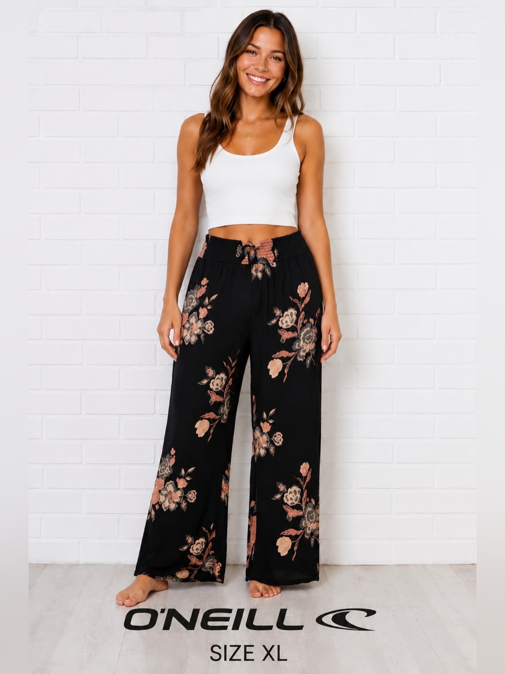 O’Neill Black Floral Wide Leg Pull-On Pants XL Boho Beach Vacation coastal